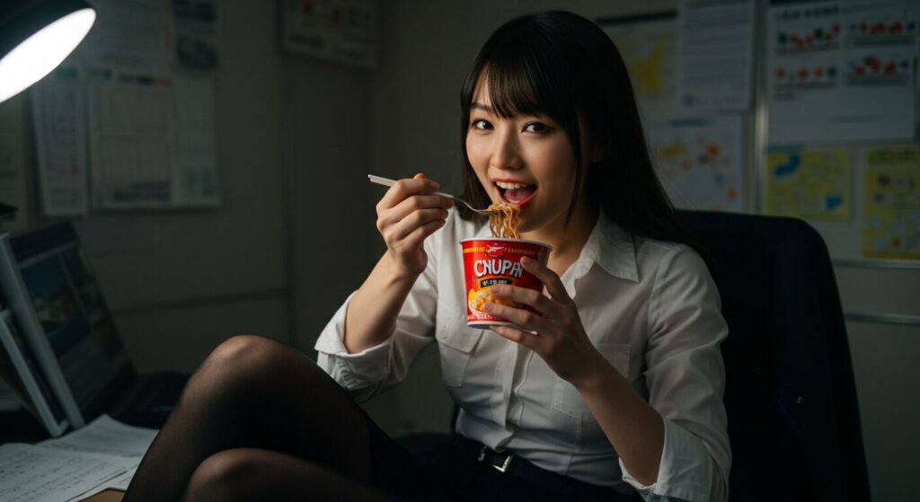 photorealistic, masterpiece, 8K, realistic. a beautiful 30s Japanese woman, sitting on her office chair and slurping from a cup of instant noodles. a guilty but happy expression on her face. a very human and unguarded moment during intense overtime work.