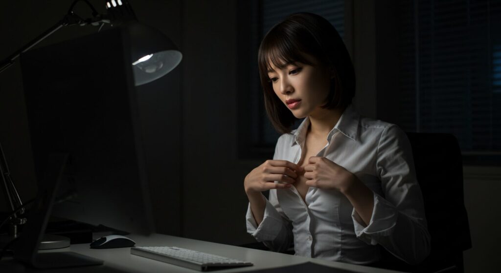 photorealistic, masterpiece, 8K, intimate moment. a beautiful 30s Japanese woman, alone at her desk in a dark office late at night. she is loosening the top button of her blouse and sighing, looking tired. illuminated only by the light from her computer monitor.