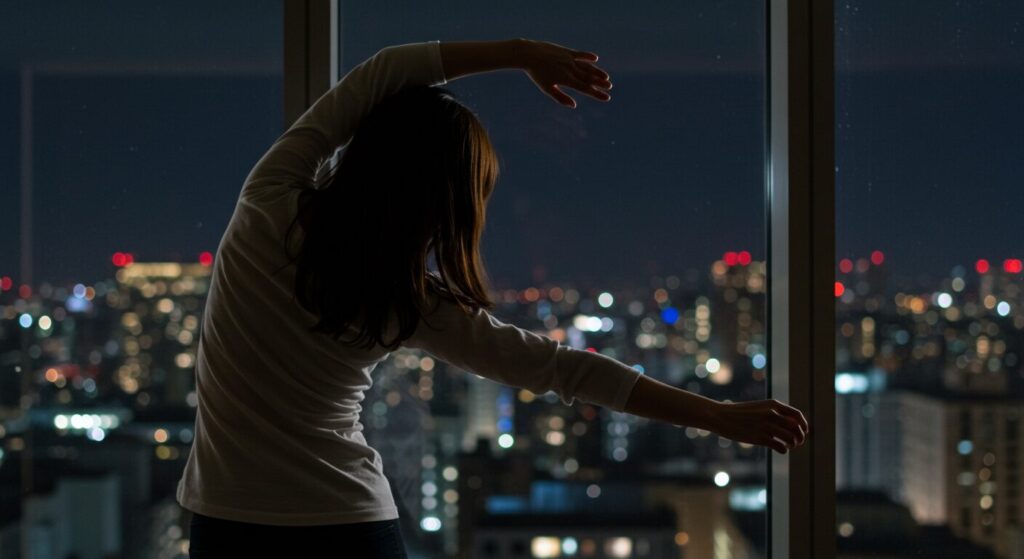 photorealistic, masterpiece, 8K. a 30s Japanese woman, standing up from her chair and stretching her arms and back, showing her graceful body line. her face shows relief from stiffness. silhouette against the window with a night city view.