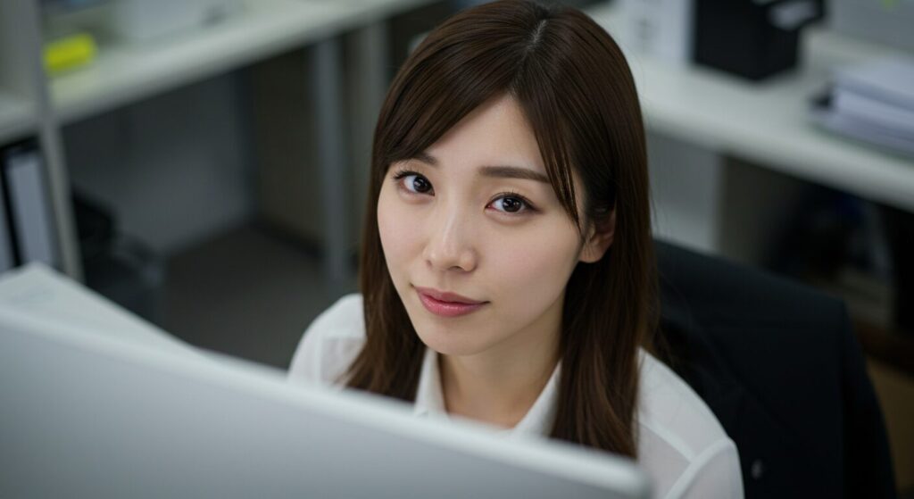 photorealistic, masterpiece, 8K, cinematic close-up. a beautiful 30s Japanese woman, looking up from her work towards the camera (viewer). she has tired eyes but gives a soft, gentle, and slightly weary smile, as if to say "you're still here?".
