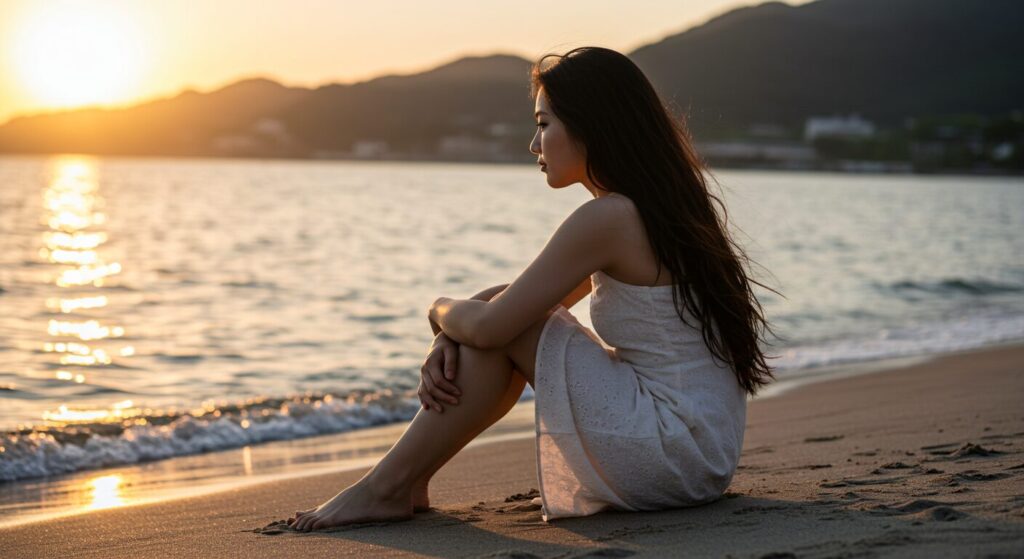 photorealistic, masterpiece, 8K, cinematic lighting. 1 beautiful 20s Japanese woman, wearing a simple white sundress. sitting on the sand, hugging her knees, looking at the sunset over the ocean. a gentle sea breeze blows her long hair. profile shot, nostalgic and slightly melancholic atmosphere, golden hour light.