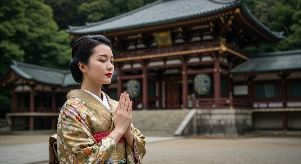 photorealistic, masterpiece, 8K. a beautiful 40s Japanese woman in a formal kimono, standing in front of a historic Japanese temple. she has her eyes closed and her hands clasped together in prayer. a sense of reverence and inner peace.