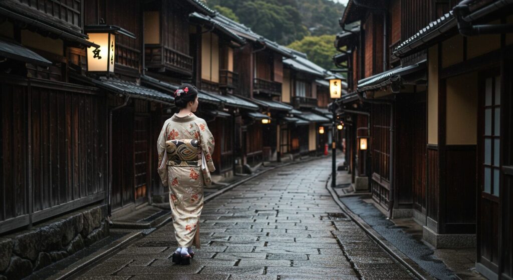 photorealistic, masterpiece, 8K. 1 graceful 40s Japanese woman, wearing an elegant houmongi kimono. walking slowly and gracefully on a wet stone path in an old Kyoto street. traditional wooden houses in the background. serene and dignified atmosphere.