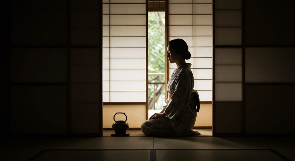 photorealistic, masterpiece, 8K, cinematic. a 40s Japanese woman in a simple kimono, sitting in seiza style in a traditional Japanese room with tatami mats. she is seen as a silhouette through a shoji paper screen, with soft light filtering through. a very quiet and poetic scene.