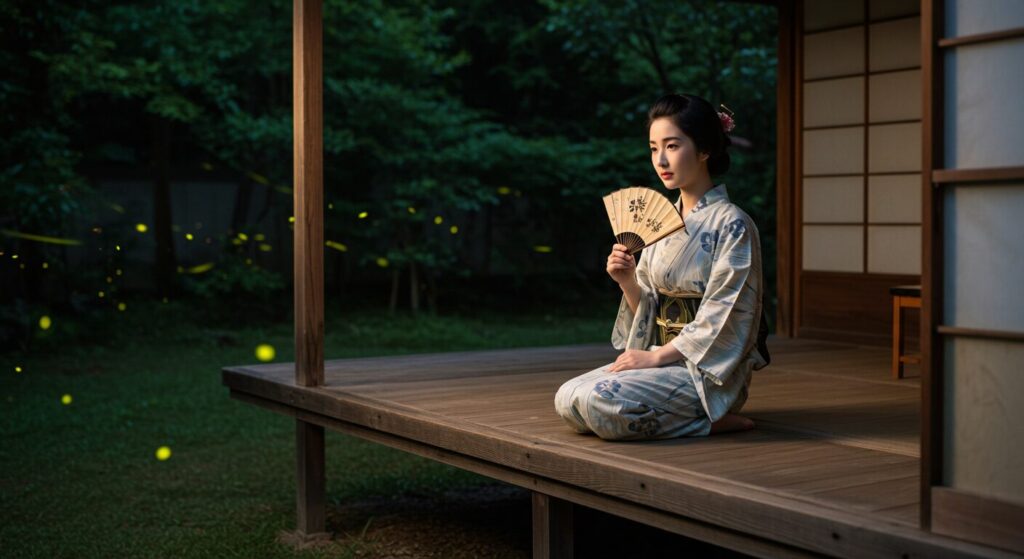 photorealistic, masterpiece, 8K. a beautiful 40s Japanese woman in a simple, elegant yukata, sitting on the wooden porch (engawa). she is holding a traditional uchiwa fan, enjoying the cool evening breeze. fireflies are starting to appear in the garden.