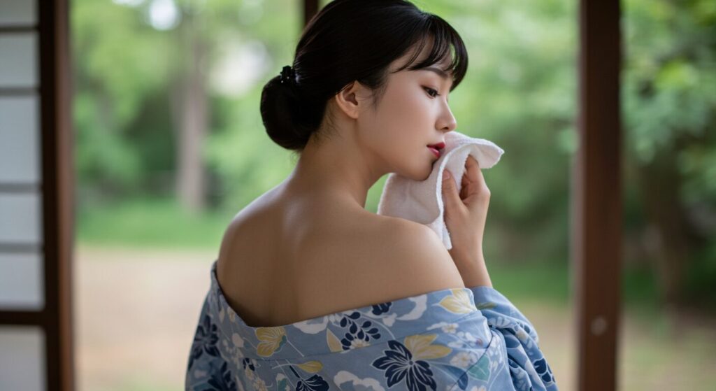 photorealistic, masterpiece, 8K. a 40s Japanese woman in a yukata after a bath, her collar slightly loosened, revealing her elegant nape. she is wiping her neck with a small towel (tenugui), with a relaxed expression. intimate and sensual.