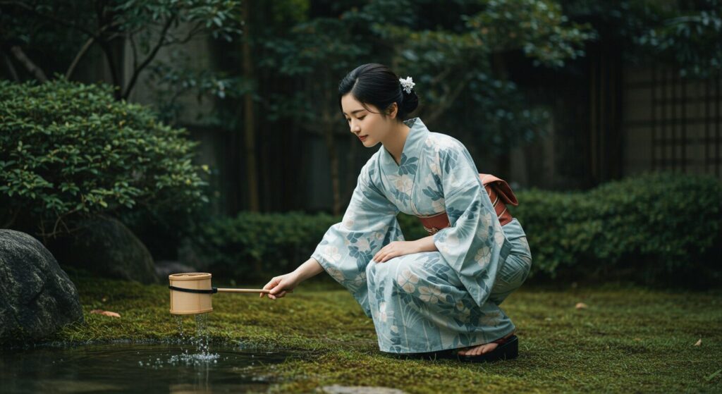 photorealistic, masterpiece, 8K. a 40s Japanese woman in a casual yukata, sprinkling water on the ground (uchimizu) in her garden on a hot summer day. a gentle, focused expression. a traditional and refreshing summer scene.