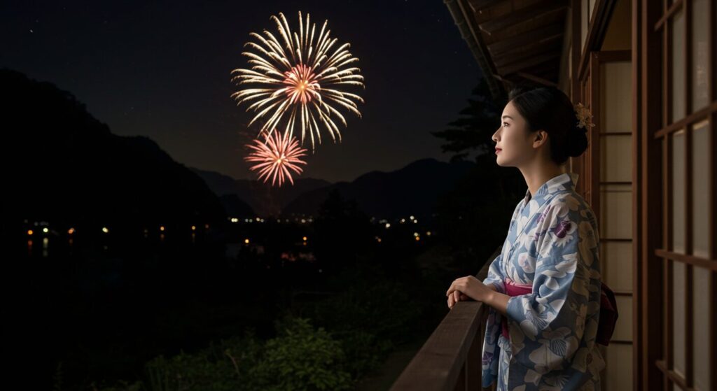 photorealistic, masterpiece, 8K. a 40s Japanese woman in a yukata, looking up at distant fireworks from the balcony of her home. her face is illuminated by the fleeting lights. a quiet, private moment of enjoying summer.