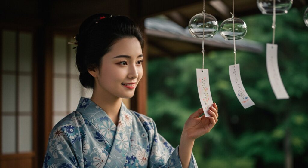 photorealistic, masterpiece, 8K. a beautiful 40s Japanese woman in a yukata, looking at a glass wind chime (furin) hanging from the eaves of her house. she has a gentle smile, listening to its cooling sound.
