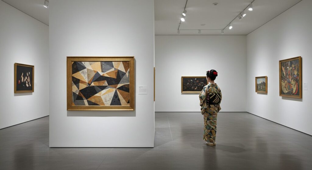 photorealistic, masterpiece, 8K. a stylish 40s Japanese woman, wearing a kimono with a modern, geometric pattern. standing in a minimalist, white-walled modern art gallery, looking at a painting. the fusion of tradition and modernity.