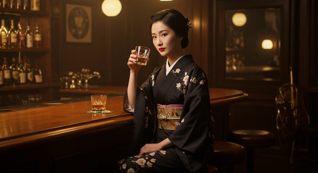 photorealistic, masterpiece, 8K. a sophisticated 40s Japanese woman in a chic, dark-colored kimono, sitting at the counter of a dimly lit jazz bar. she is holding a glass of whiskey. unexpected and cool combination.
