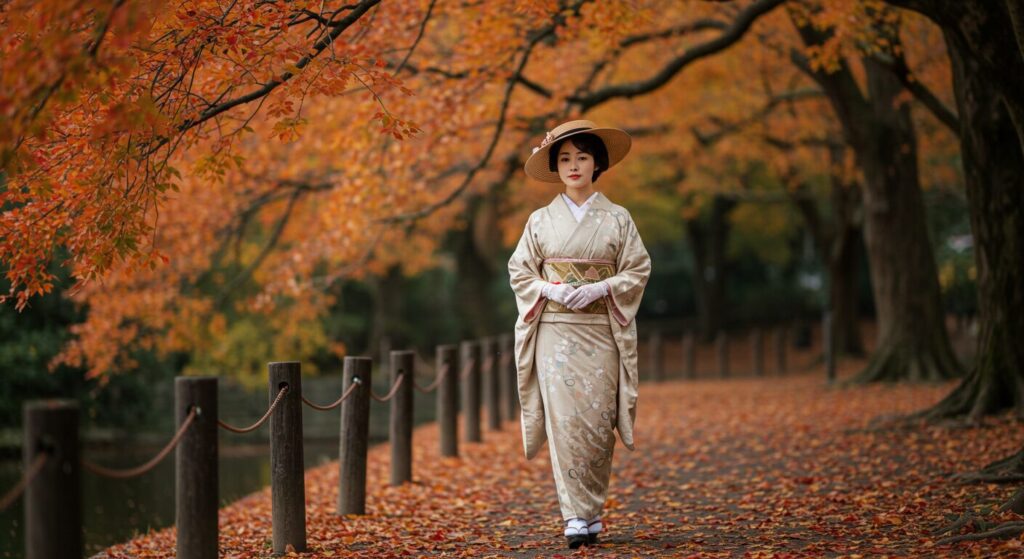 photorealistic, masterpiece, 8K. a 40s Japanese woman in a Taisho Roman style kimono coordination, with lace gloves and a stylish Western-style hat. she is walking in a park with autumn leaves. elegant and nostalgic.