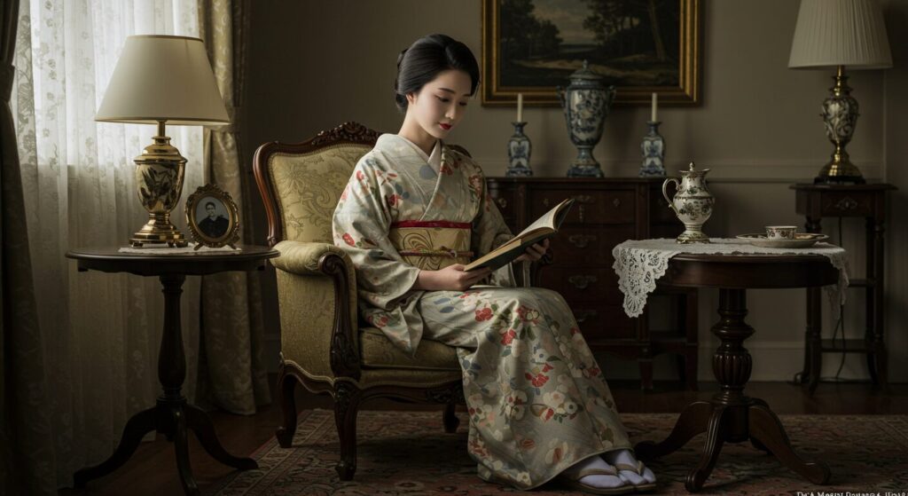 photorealistic, masterpiece, 8K. a beautiful 40s Japanese woman in a kimono, sitting gracefully in an antique armchair in a room with Western-style decor. she is reading a book, perfectly at ease.