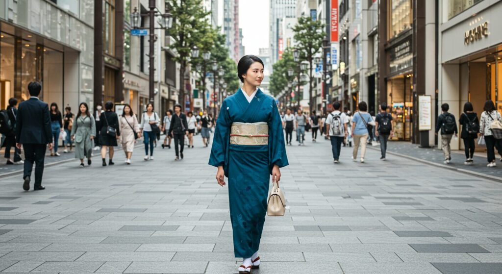 photorealistic, masterpiece, 8K. a stylish 40s Japanese woman in a modern kimono, walking gracefully through the bustling, high-end shopping district of Ginza, Tokyo. she looks confident and elegant.
