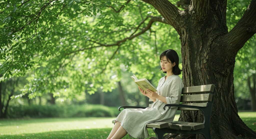 photorealistic, masterpiece, 8K, serene atmosphere. 1 beautiful 40s Japanese woman in a comfortable linen dress, sitting on a wooden park bench under a large, leafy tree. she is peacefully reading a book, and soft, dappled sunlight (komorebi) filters through the leaves onto her and the book.