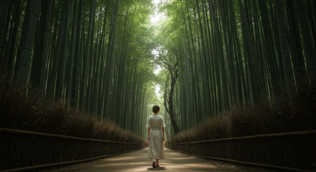 photorealistic, masterpiece, 8K. a graceful 40s Japanese woman, seen from behind, walking slowly through a tranquil bamboo forest. tall bamboo stalks tower over her. shafts of light penetrate the dense canopy, creating a magical and peaceful scene.