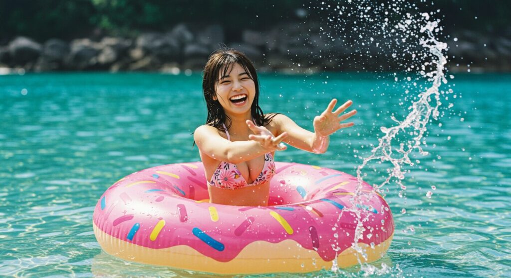 photorealistic, masterpiece, 8K. 1 beautiful 20s Japanese woman with a cheerful laugh, wearing a cute bikini. floating on a large inflatable donut in a clear blue ocean. splashing water with her hands. shot from slightly above, bright and fun atmosphere.