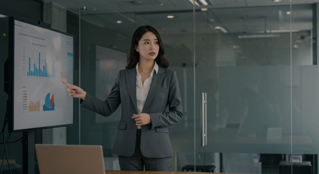 photorealistic, masterpiece, 8K, cinematic. 1 sophisticated 30s Japanese woman in a stylish suit, standing and presenting in a modern glass-walled meeting room. she is pointing at a screen with a confident expression. professional and capable atmosphere.