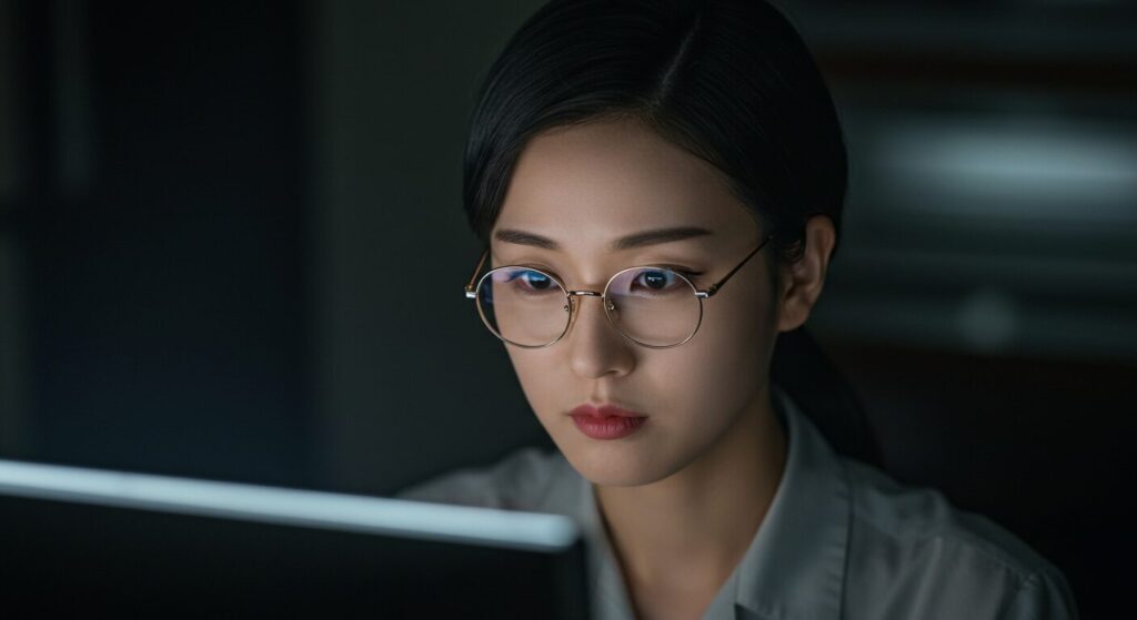 photorealistic, masterpiece, 8K. close-up on the face of a beautiful 30s Japanese woman wearing glasses, concentrating on her computer screen. her expression is serious and intelligent. the screen's light is softly reflected on her face.