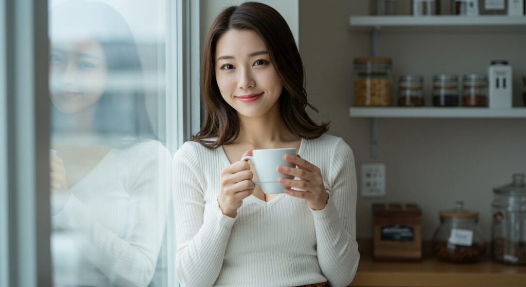 photorealistic, masterpiece, 8K. 1 elegant 30s Japanese woman, leaning against a window in the office pantry, holding a mug of coffee. she has a gentle, relaxed smile, taking a short break. soft natural light from the window.