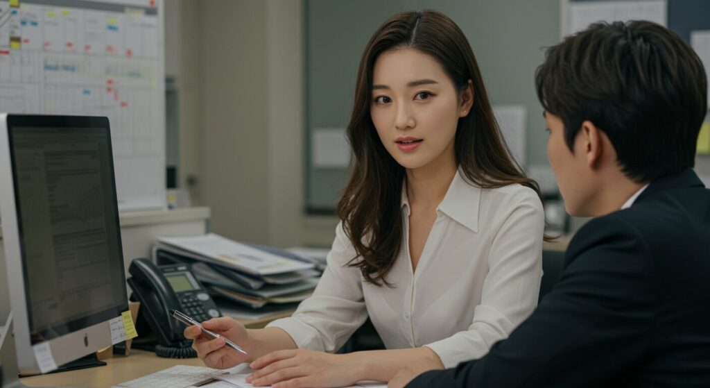 photorealistic, masterpiece, 8K. a beautiful 30s Japanese woman, patiently explaining something to a younger colleague beside her desk. she has a kind and supportive expression. warm, collaborative office environment.
