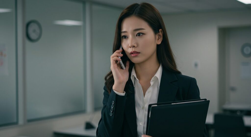 photorealistic, masterpiece, 8K. a 30s Japanese woman in office attire, holding a smartphone to her ear and talking with a serious expression. she is pacing thoughtfully in a quiet corner of the office.