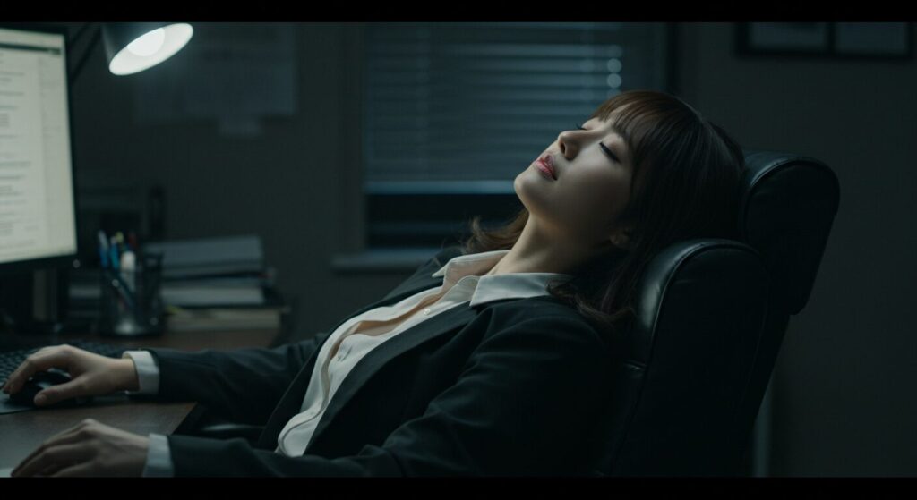 photorealistic, masterpiece, 8K, cinematic. a beautiful 30s Japanese woman, leaning back deeply in her office chair with a profound sense of relief. her work is finally done. she has her eyes closed and a soft, weary smile on her face. her head is tilted back slightly. the desk in front of her is still lit by the computer monitor, illuminating her in the dark office.