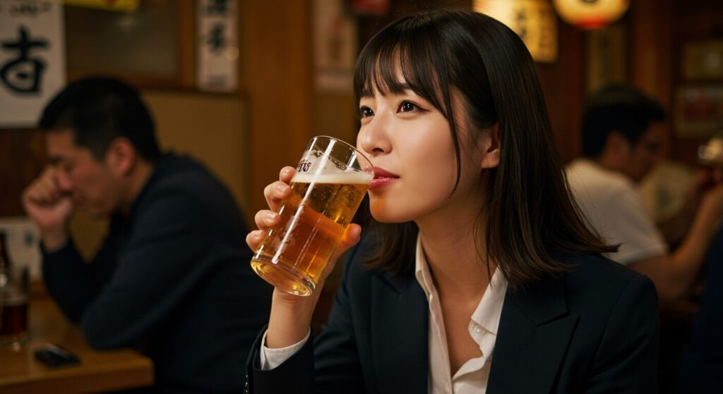photorealistic, masterpiece, 8K. a beautiful 30s Japanese woman in her work clothes, taking the first, blissful sip of a cold beer at a lively Japanese izakaya after work. her expression is one of pure happiness and relief.