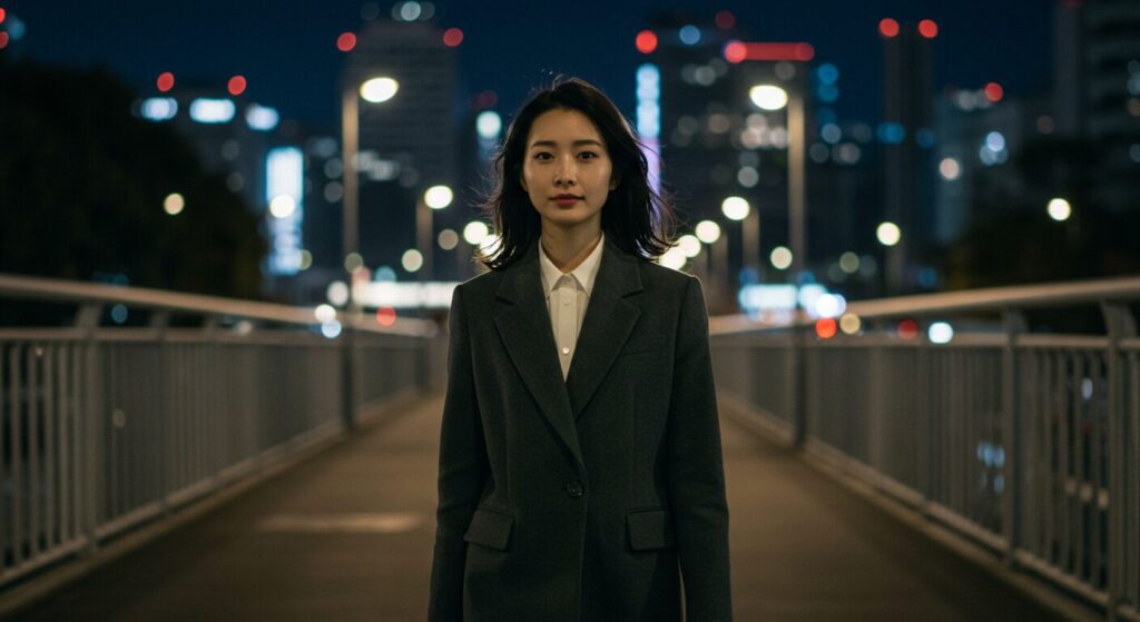 photorealistic, masterpiece, 8K. a beautiful 30s Japanese woman, walking on a pedestrian overpass at night. the city lights are behind her. she has a clear, refreshed expression, her hair gently blowing in the night wind.