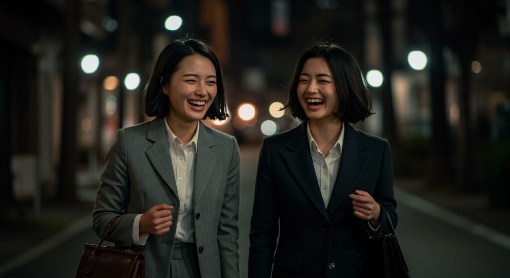 photorealistic, masterpiece, 8K. two 30s female colleagues, walking side-by-side on a street at night, laughing about something that happened at work. a feeling of camaraderie and shared experience. candid street photography style.